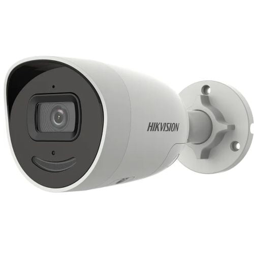 Image of a white Hikvision DS-2CD2066G2-I 6 megapixel mini-bullet home security camera with a fixed 2.8mm lens 
