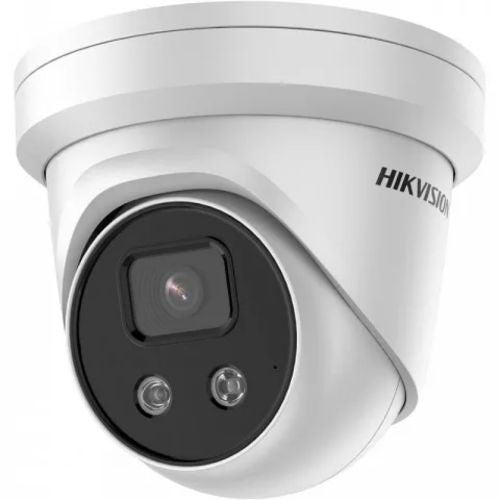 Image of a Hikvision DS-2CD2366G2-I 6MP AcuSense Turret Camera with 2.8mm lens, H.265+ data compression, and 120dB WDR