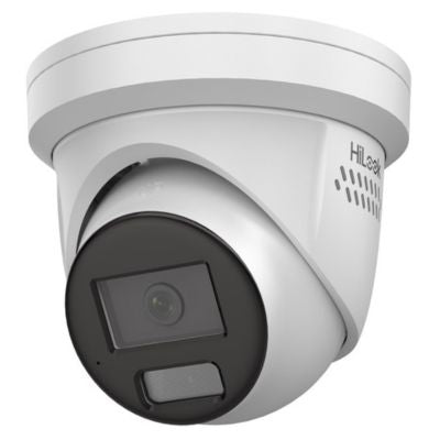 This is a photo of a genuine Australian HiLook IPC-T269H-MU/SL all-in-one turret home security camera in Australia with night time colour, strobe lights and audio output speakers with full two-way audio function