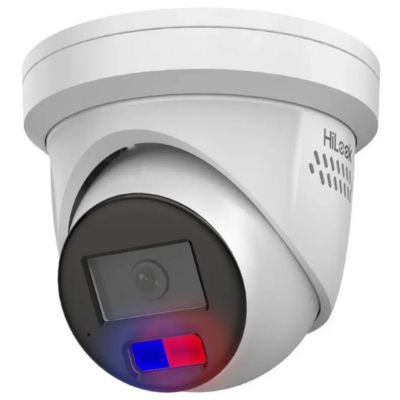 This is an image of a genuine Australian HiLook IPC-T269H-MU/SL colour all-in-one turret home security camera with a 4mm lens with flashing red and blue strobe lights and audio speakers