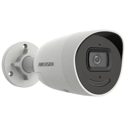 Image of a white Hikvision DS-2CD2066G2-I 6 megapixel mini-bullet home security camera with a fixed 2.8mm lens from the left hand side