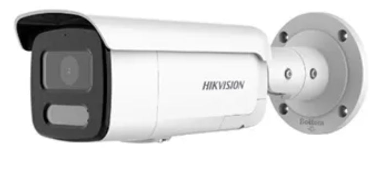 This is a side on image of a Hikvision DS-2CD2T87G2H-LISU/SL Smart Hybrid (Dual) Lighting 4K ColorVu AcuSense & Liveguard Bullet Camera white in colour