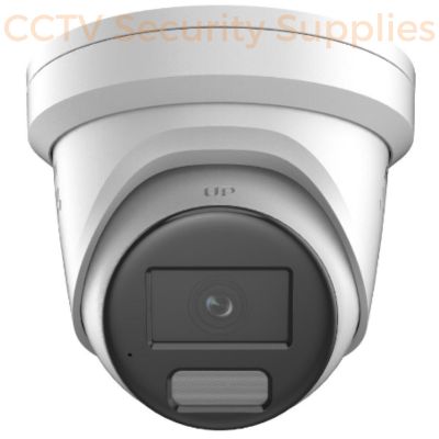 This is a front on image of a Hikvision DS-2CD2387G2H-LISU/SL Smart Hybrid (Dual) Lighting 4K ColorVu AcuSense & Liveguard Turret Camera white in colour