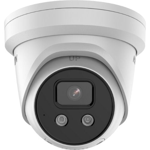 Front image of a white Hikvision DS-2CD2366G2-ISU/SL 6MP AcuSense Liveguard Turret Camera
