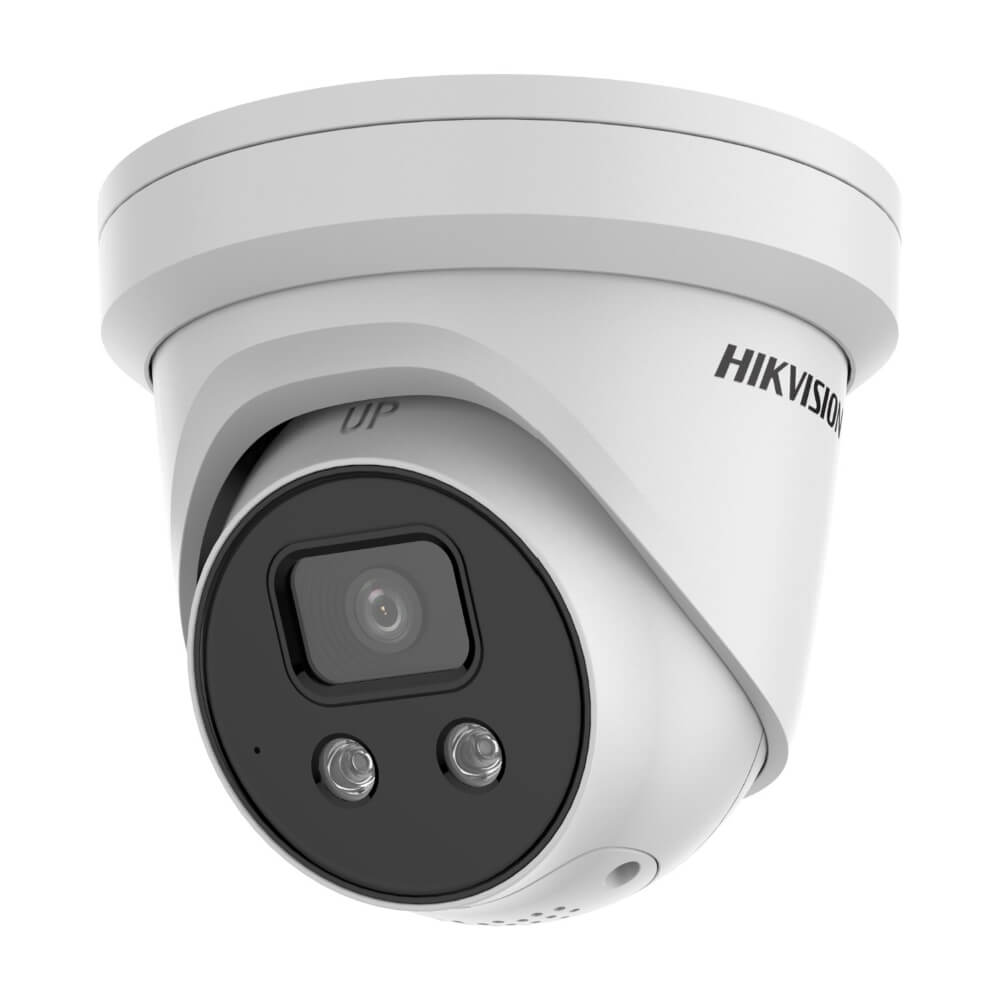 Side image of a white Hikvision DS-2CD2366G2-ISU/SL 6MP AcuSense LiveGuard Turret Cameras